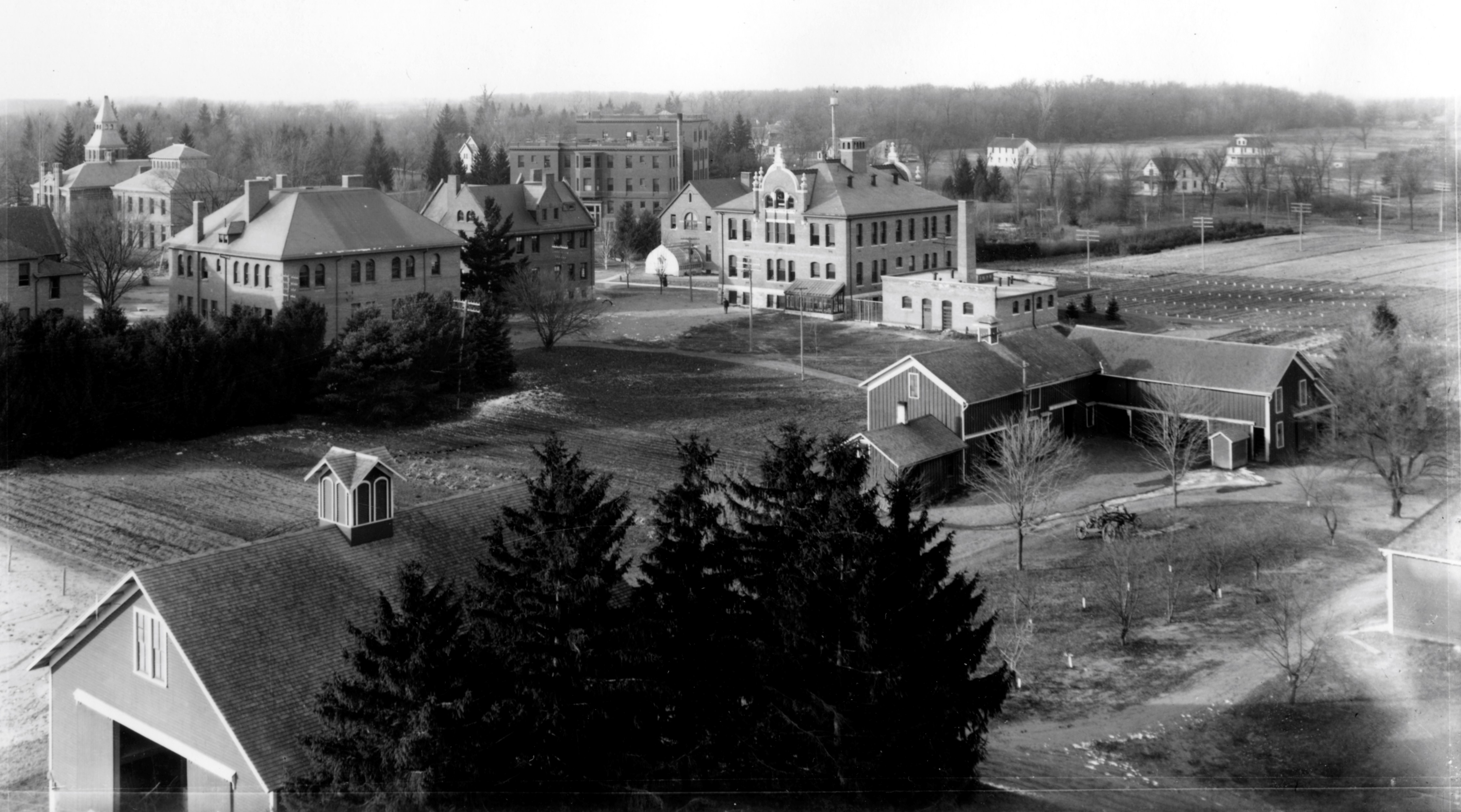 Black and white aerial photo of north MSU campus.